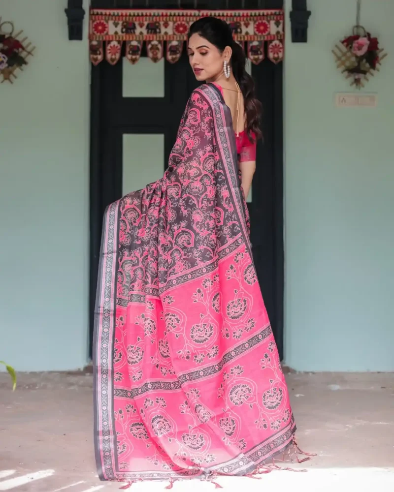 Black Base Pink Digital Floral Printed Linen Saree