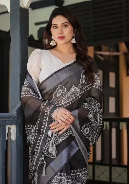 Black Linen Saree With Stunning White Floral and Geometric Motifs