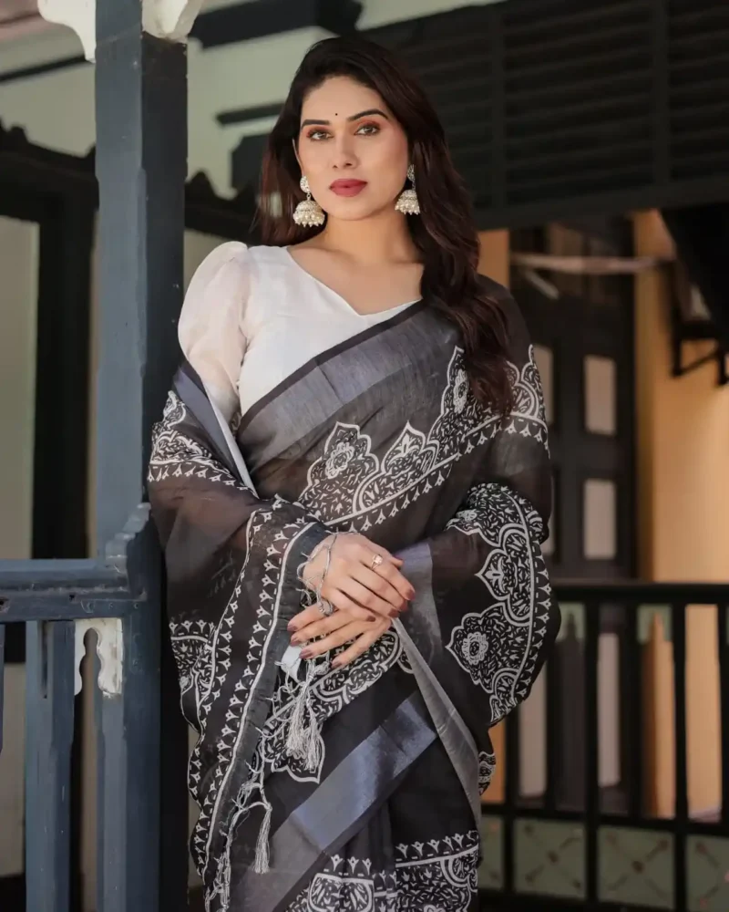 Black Linen Saree With Stunning White Floral and Geometric Motifs