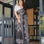 Black Linen Saree With Stunning White Floral and Geometric Motifs
