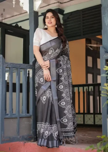 Black Linen Saree With Stunning White Floral and Geometric Motifs