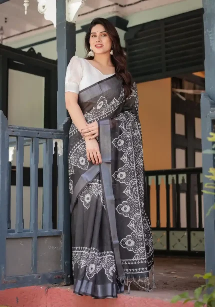 Black Linen Saree With Stunning White Floral and Geometric Motifs