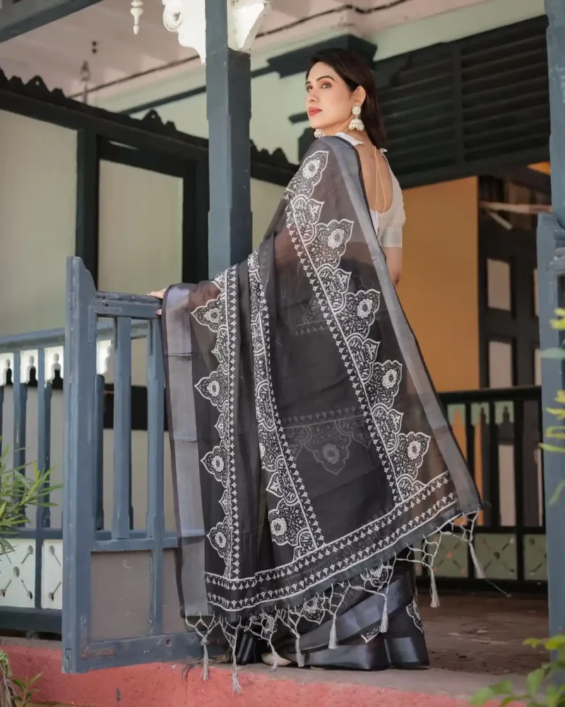 Black Linen Saree With Stunning White Floral and Geometric Motifs