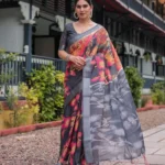 black with vibrant multicolor floral artistic motifs printed linen saree