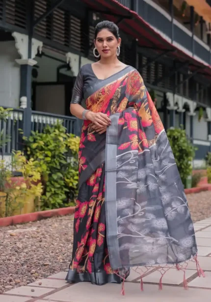 black with vibrant multicolor floral artistic motifs printed linen saree