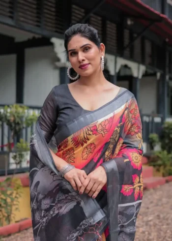black with vibrant multicolor floral artistic motifs printed linen saree