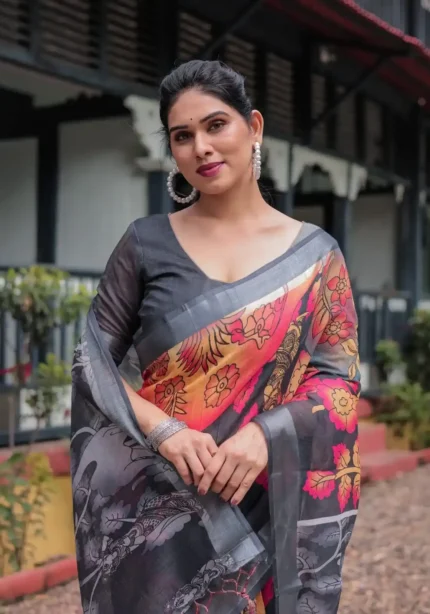 black with vibrant multicolor floral artistic motifs printed linen saree