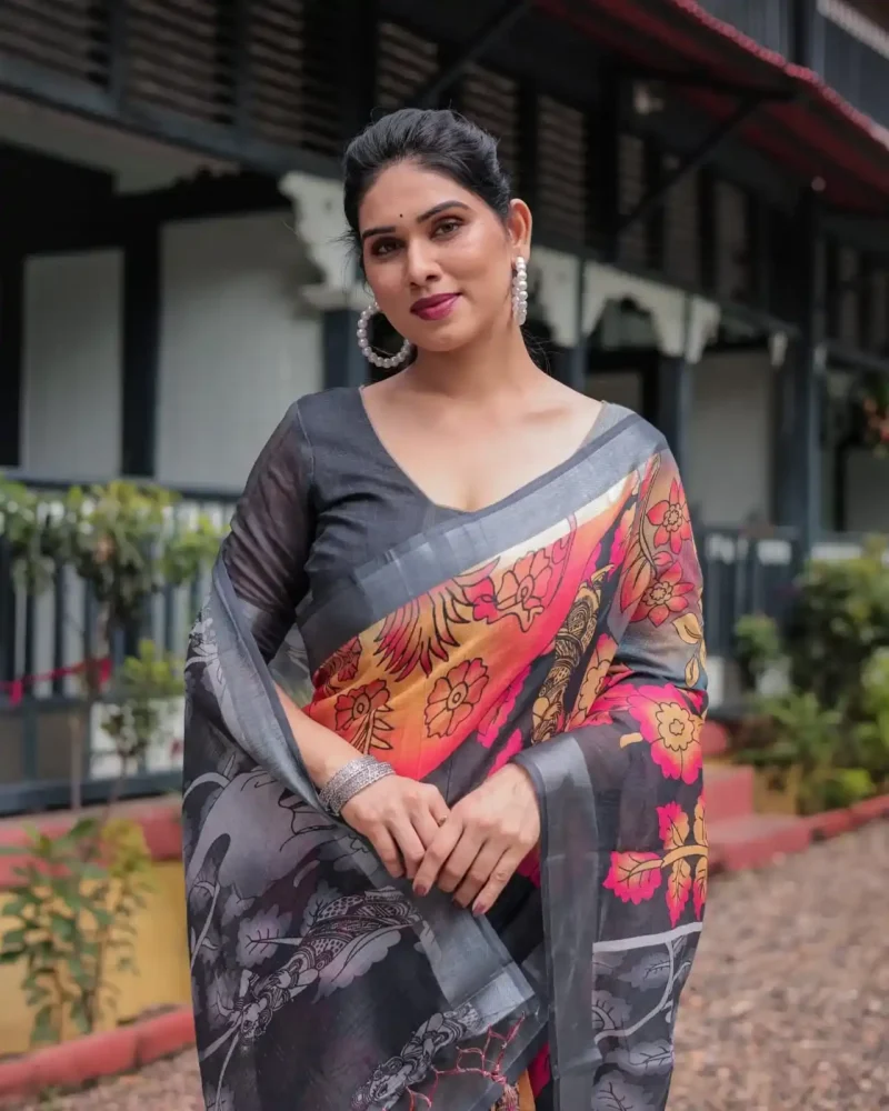 black with vibrant multicolor floral artistic motifs printed linen saree