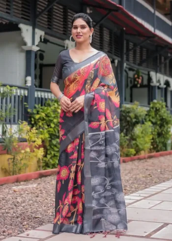 black with vibrant multicolor floral artistic motifs printed linen saree
