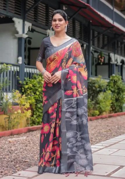 black with vibrant multicolor floral artistic motifs printed linen saree