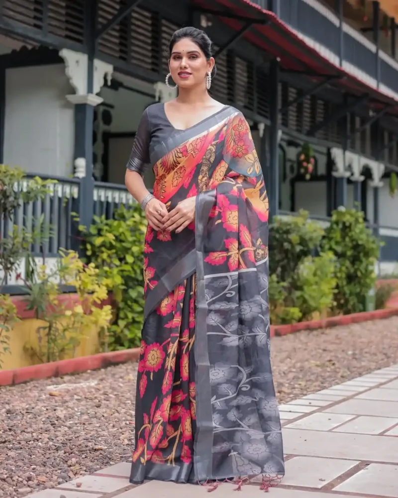 black with vibrant multicolor floral artistic motifs printed linen saree