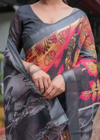 black with vibrant multicolor floral artistic motifs printed linen saree