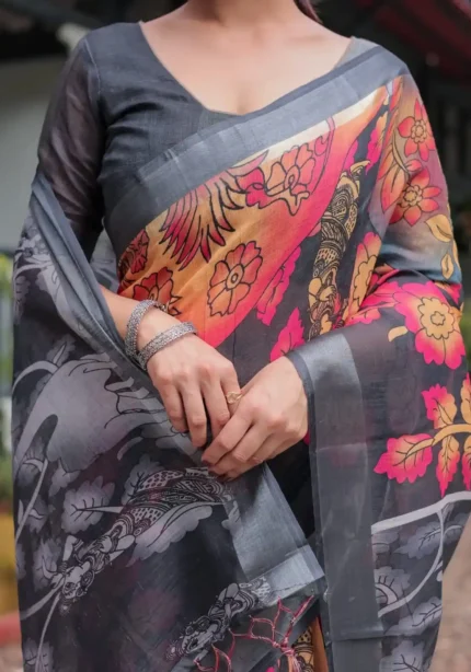 black with vibrant multicolor floral artistic motifs printed linen saree