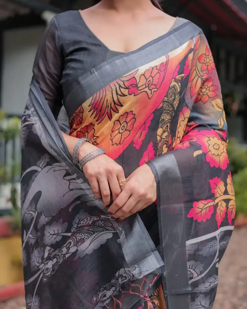 black with vibrant multicolor floral artistic motifs printed linen saree