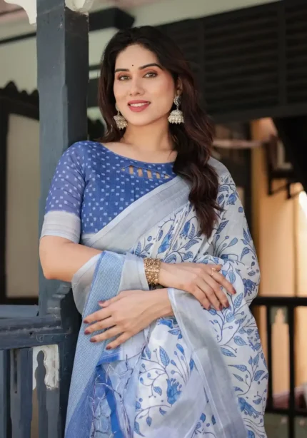 Blue Colour Floral Printed Linen Saree