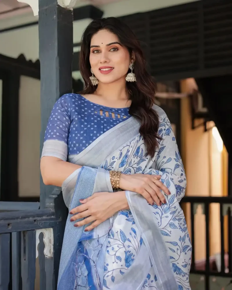 Blue Colour Floral Printed Linen Saree