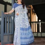 Blue Colour Floral Printed Linen Saree