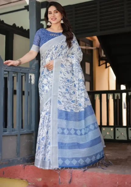 Blue Colour Floral Printed Linen Saree