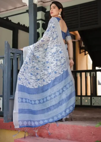Blue Colour Floral Printed Linen Saree
