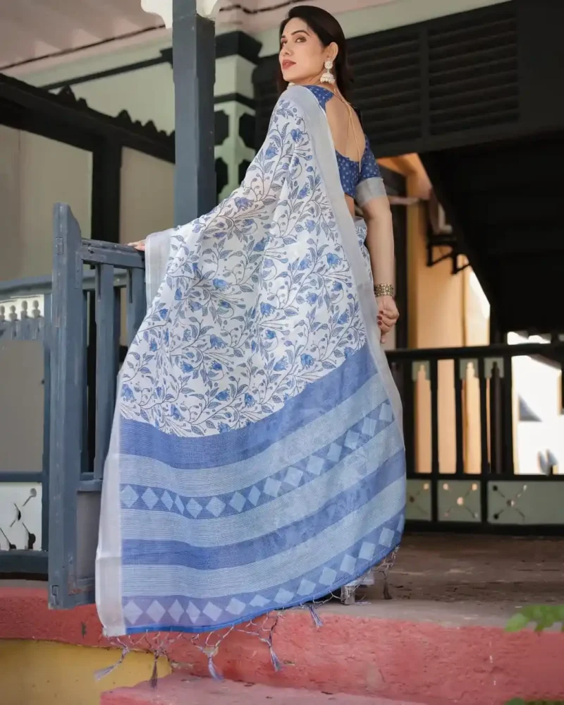 Blue Colour Floral Printed Linen Saree