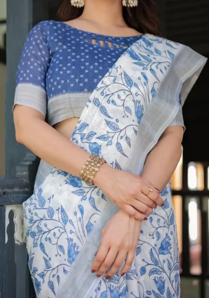 Blue Colour Floral Printed Linen Saree