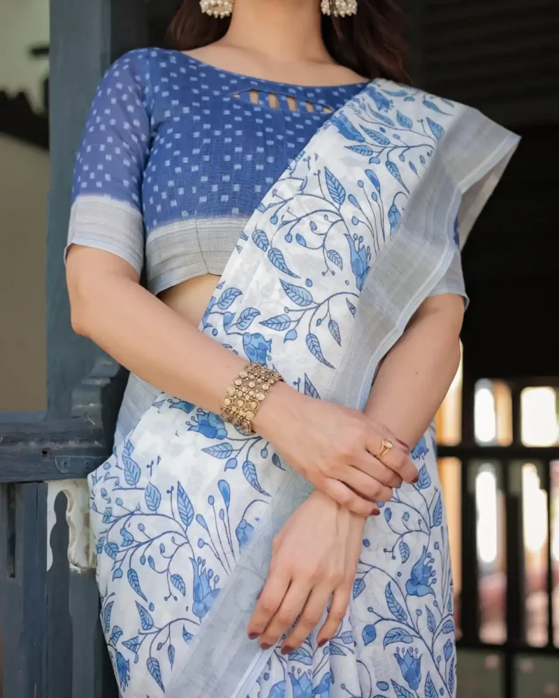 Blue Colour Floral Printed Linen Saree