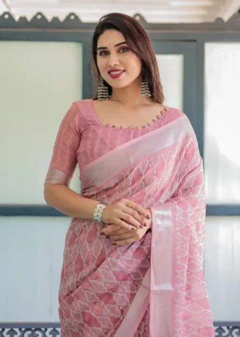 Blush Pink Linen Saree With Intricate White Embroidery