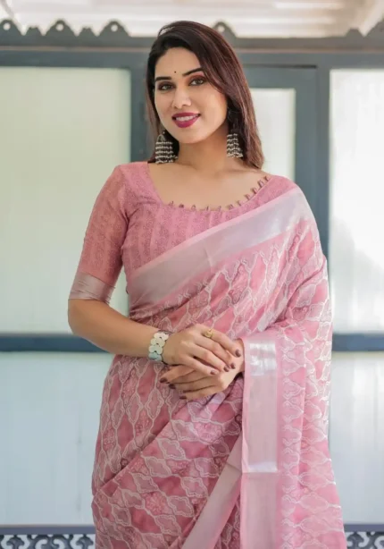 Blush Pink Linen Saree With Intricate White Embroidery