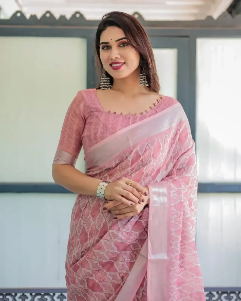 Blush Pink Linen Saree With Intricate White Embroidery