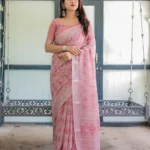 Blush Pink Linen Saree With Intricate White Embroidery