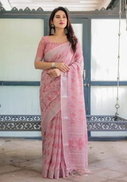 Blush Pink Linen Saree With Intricate White Embroidery