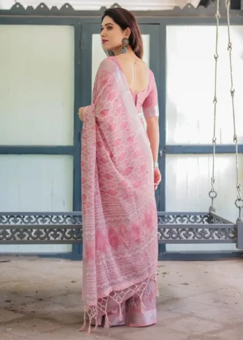 Blush Pink Linen Saree With Intricate White Embroidery