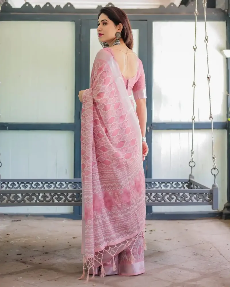 Blush Pink Linen Saree With Intricate White Embroidery