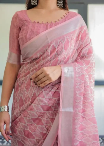 Blush Pink Linen Saree With Intricate White Embroidery