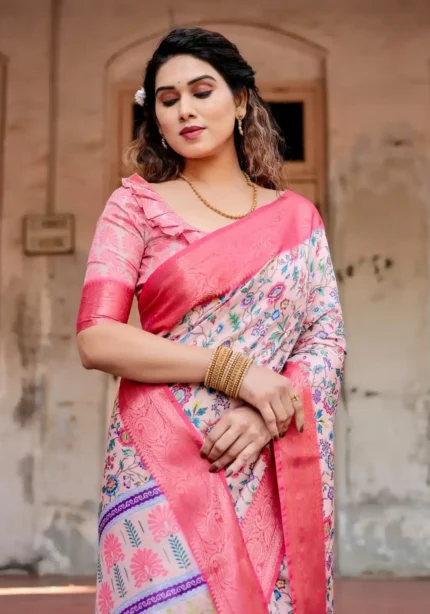 Blush Pink Tussar Silk Saree With Floral Digital Print