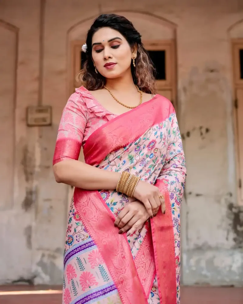 Blush Pink Tussar Silk Saree With Floral Digital Print
