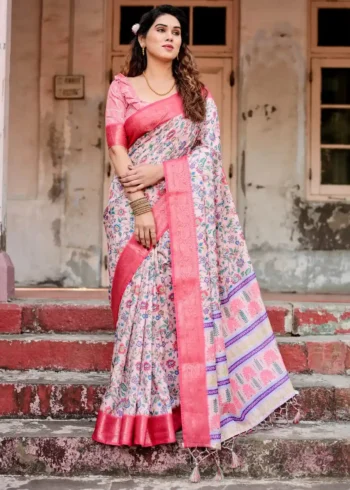 Blush Pink Tussar Silk Saree With Floral Digital Print