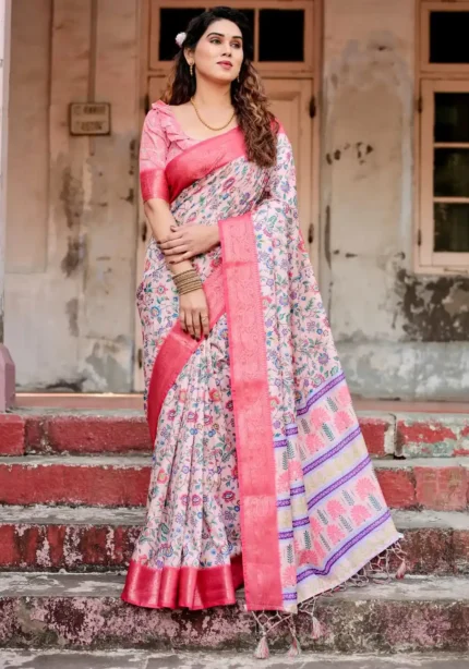 Blush Pink Tussar Silk Saree With Floral Digital Print