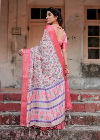 Blush Pink Tussar Silk Saree With Floral Digital Print