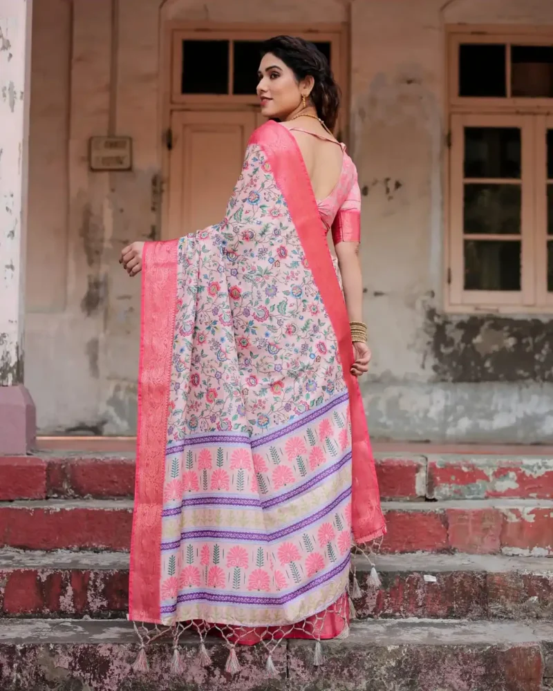 Blush Pink Tussar Silk Saree With Floral Digital Print