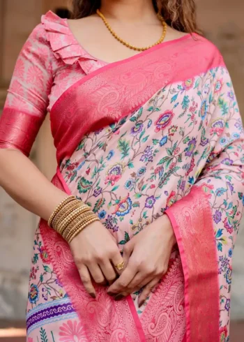 Blush Pink Tussar Silk Saree With Floral Digital Print