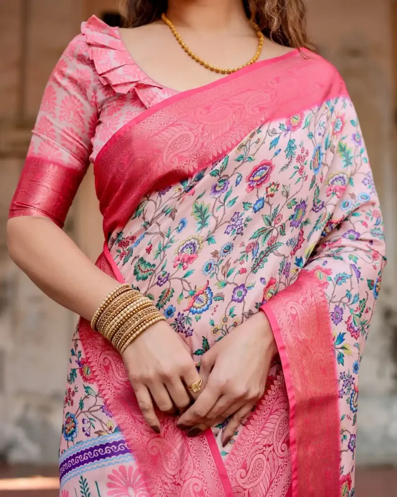 Blush Pink Tussar Silk Saree With Floral Digital Print