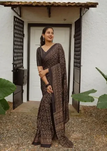 Bold Black Pure Linen Saree With Tassels