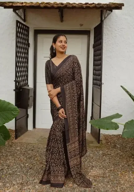 Bold Black Pure Linen Saree With Tassels