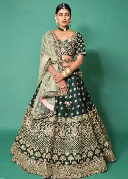 Bottle Green Sequins Jari Thread and Codding Dori Embroidery Work Bridal Lehenga