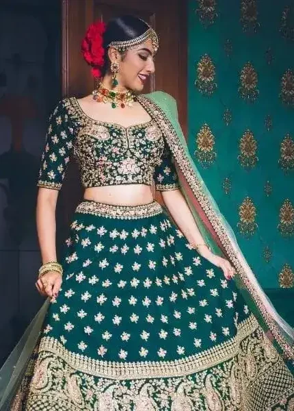 Bottle Green Sequins Jari Thread and Codding Dori Embroidery Work Bridal Lehenga