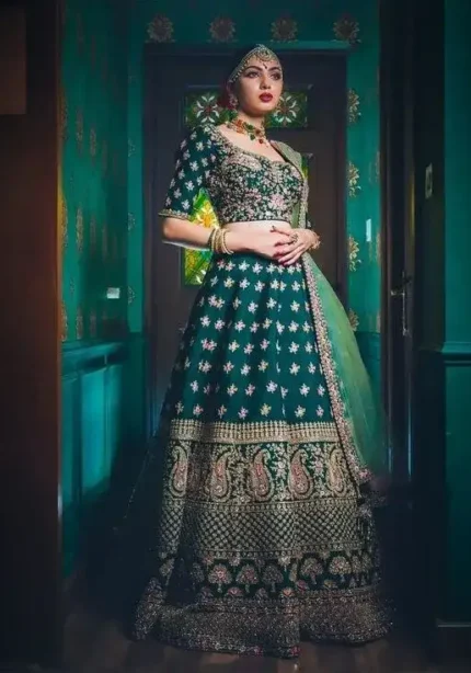 Bottle Green Sequins Jari Thread and Codding Dori Embroidery Work Bridal Lehenga