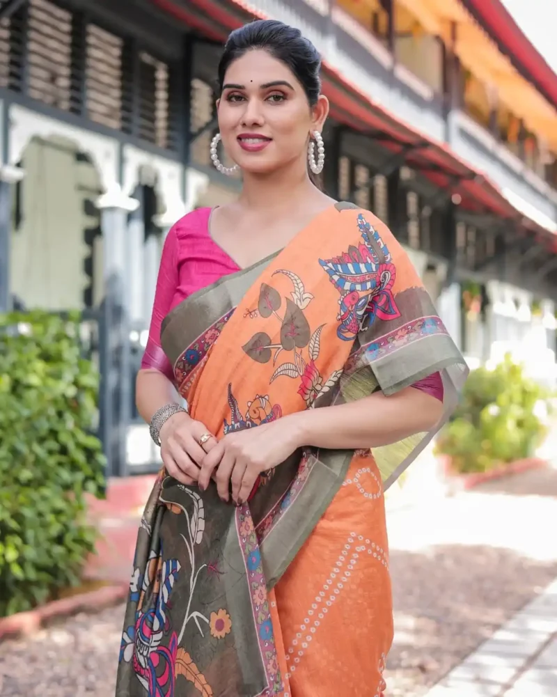 Bright Orange Madhubani Digital Print Linen Saree