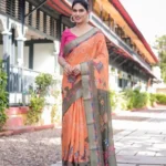 Bright Orange Madhubani Digital Print Linen Saree
