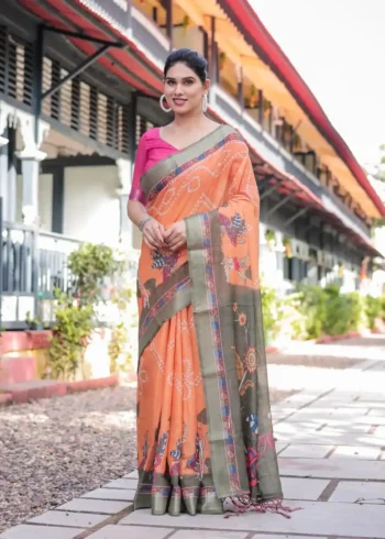 Bright Orange Madhubani Digital Print Linen Saree